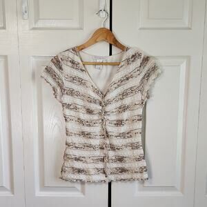 Pursuits Ltd Womens Lace Overlay Top Size SM Y2K Cottage Fairy Neutral‎ V-Neck